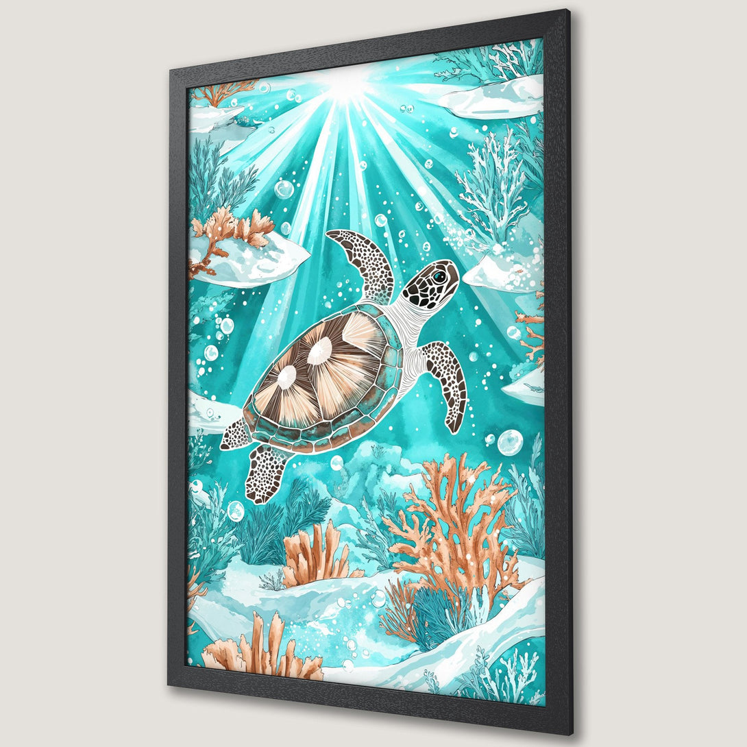 Framed Poster featuring a watercolor sea turtle, vibrant teal and coral colors, perfect for coastal decor.