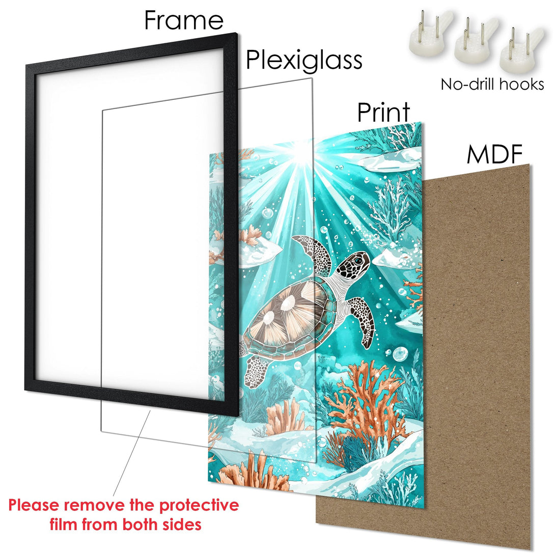 Framed Poster featuring a sea turtle in a vibrant turquoise and coral color palette. Perfect ocean-themed wall art!