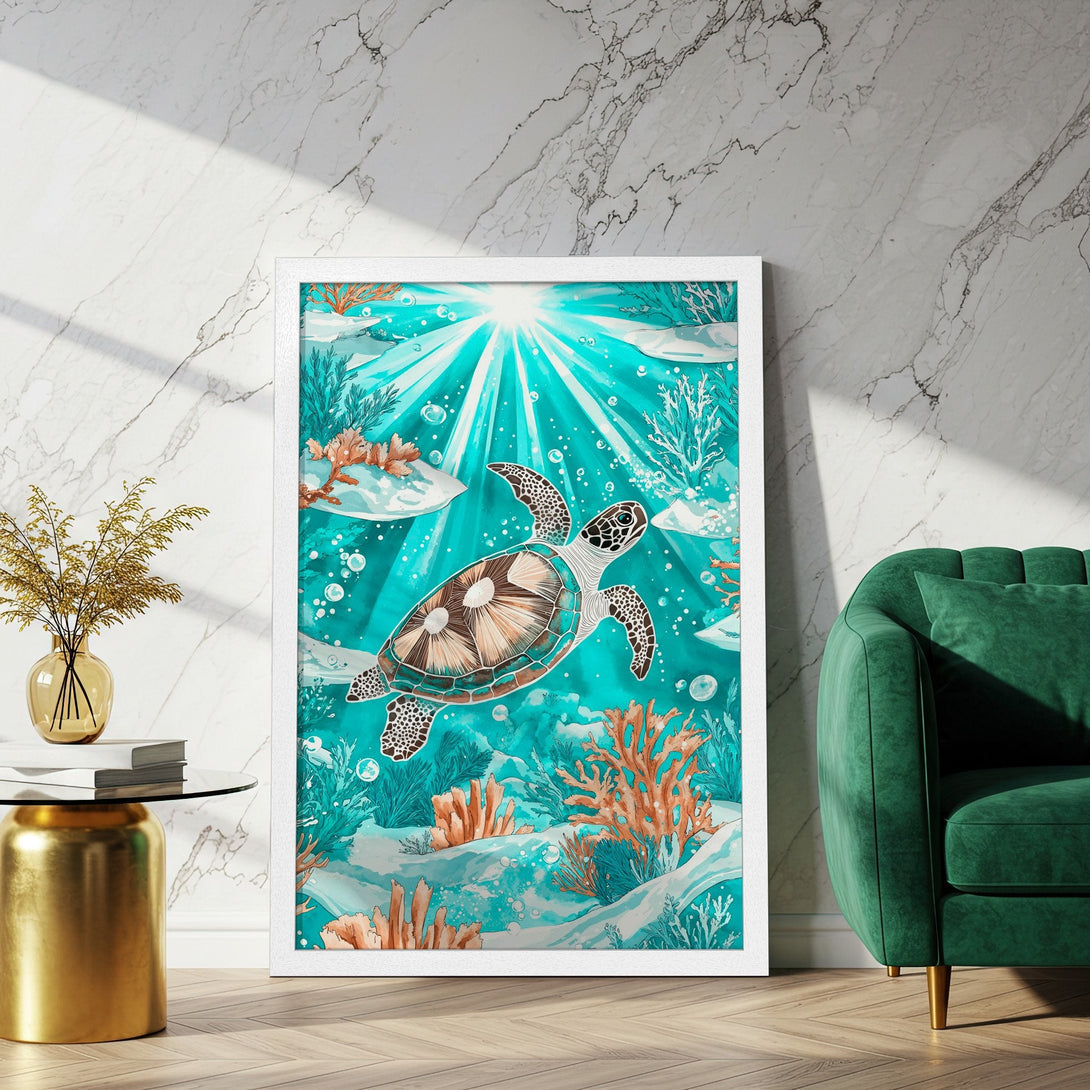 Framed Poster featuring a watercolor sea turtle, vibrant teal and coral palette, perfect ocean art for your home.