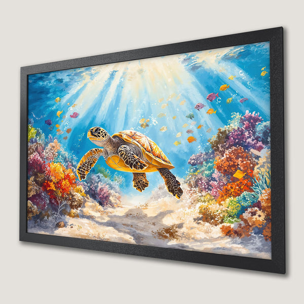 Framed Poster featuring a vibrant underwater scene with a sea turtle. Colorful coral reef art in blue, yellow, and orange hues. Perfect ocean decor!