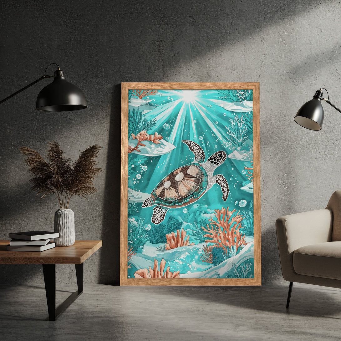 Framed Poster featuring a sea turtle underwater. Watercolor style, teal and coral color palette. Perfect wall art for your home!