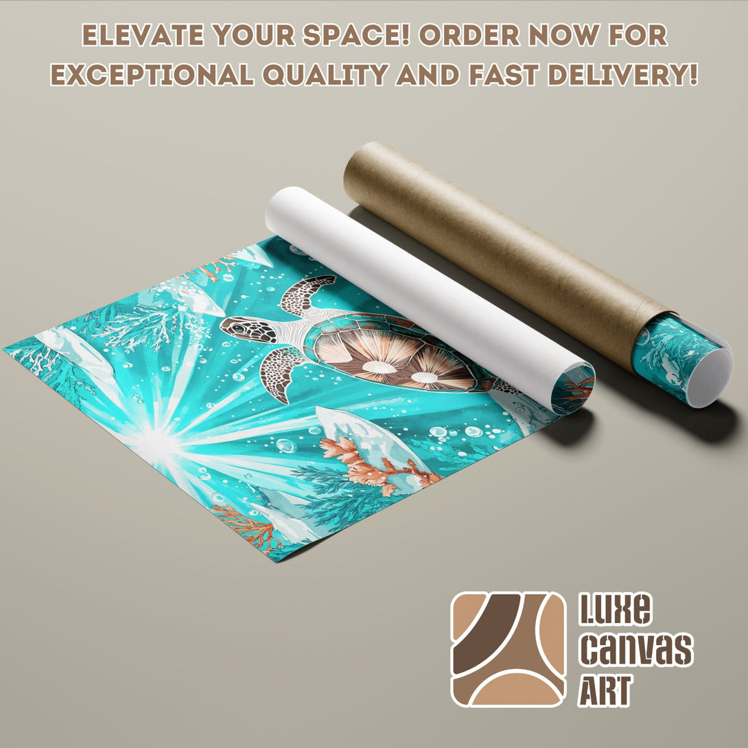Sea turtle Poster Roll art, vibrant turquoise & brown palette. Elevate your space today!