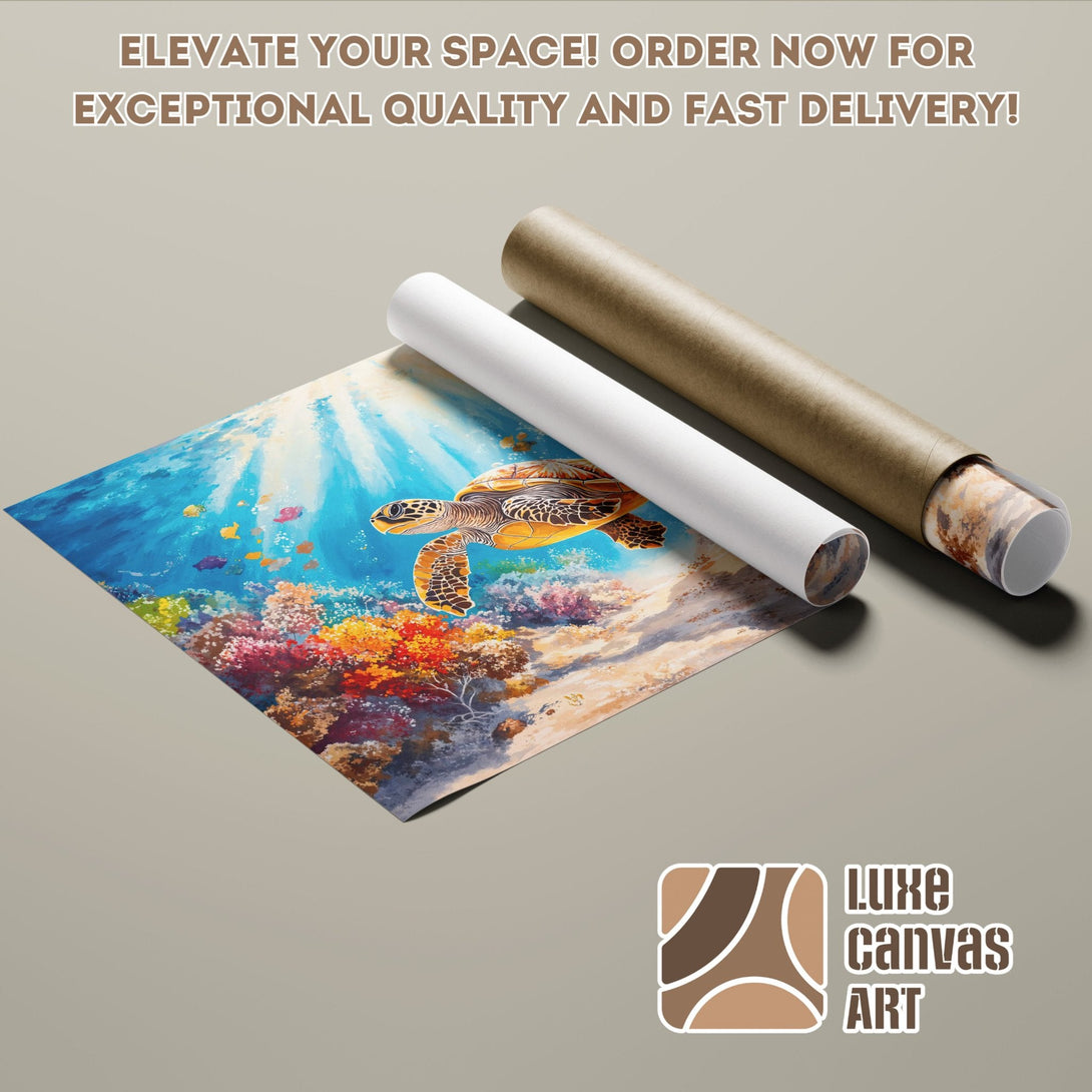 Poster Roll featuring a vibrant underwater scene with a sea turtle, in a colorful palette. Order now!