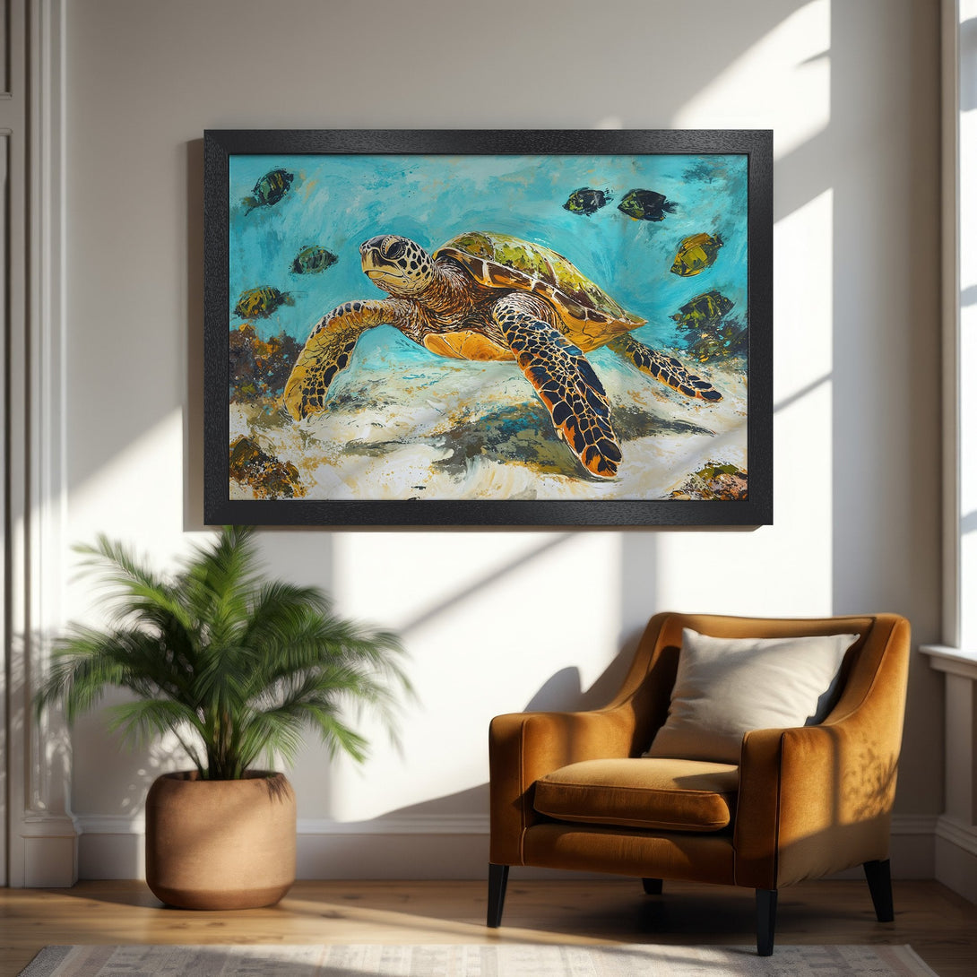Framed Poster of a sea turtle in vibrant blue and yellow tones. Perfect wall art for your home.