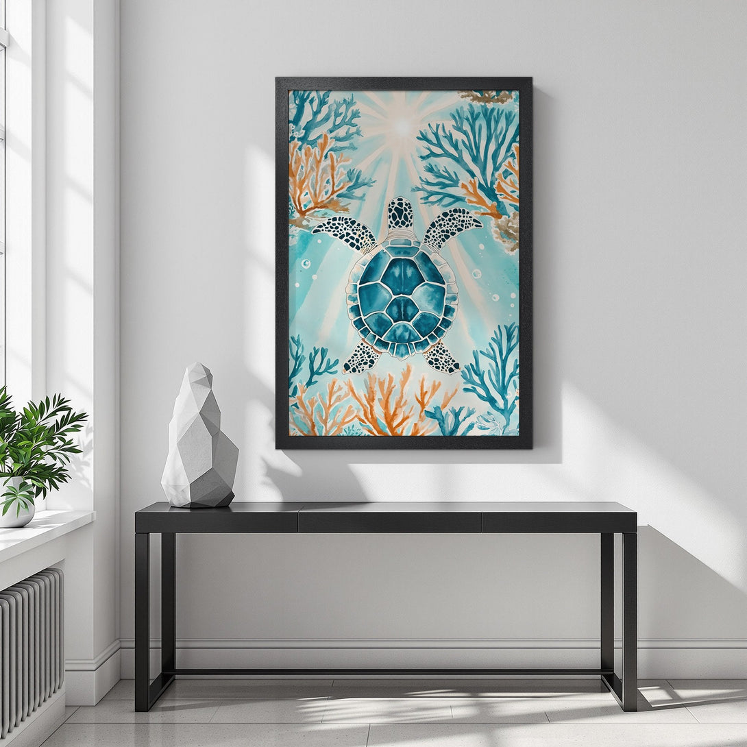 Framed Poster featuring a watercolor sea turtle. Coastal art in blue and orange tones, perfect for home decor.