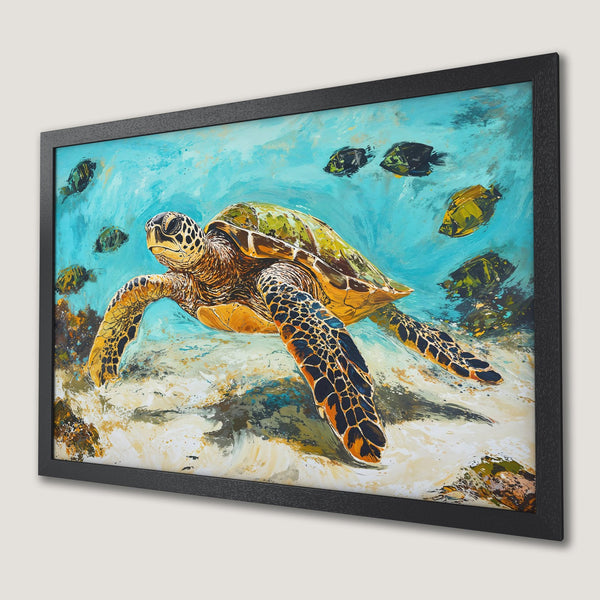 Framed Poster of a sea turtle swimming underwater. Impressionistic style, blue, yellow, and brown color palette. Perfect wall art!