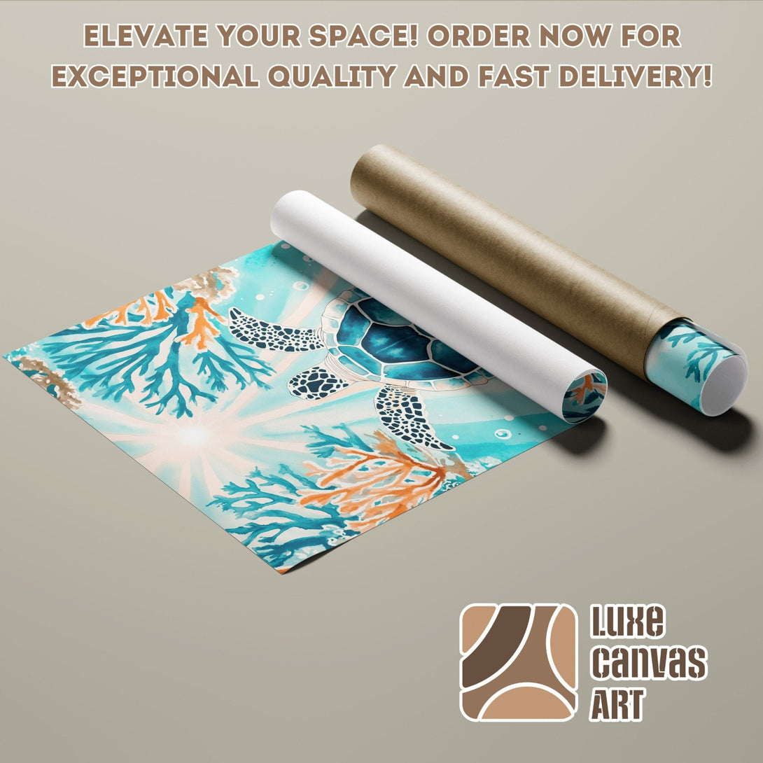 Poster Roll featuring a sea turtle & coral, watercolor style, with a blue, teal, and orange palette.