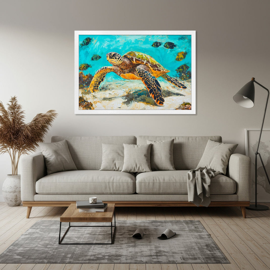 Framed Poster of a sea turtle swimming underwater. Artistic style with vibrant turquoise, orange, and yellow color palette. Perfect wall art!