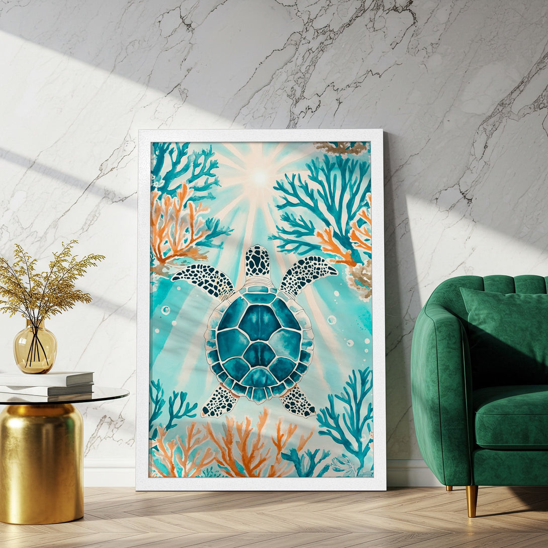 Framed Poster featuring a watercolor sea turtle, coral, and sunburst. Coastal-inspired art in teal, orange, and blue. Perfect wall decor.