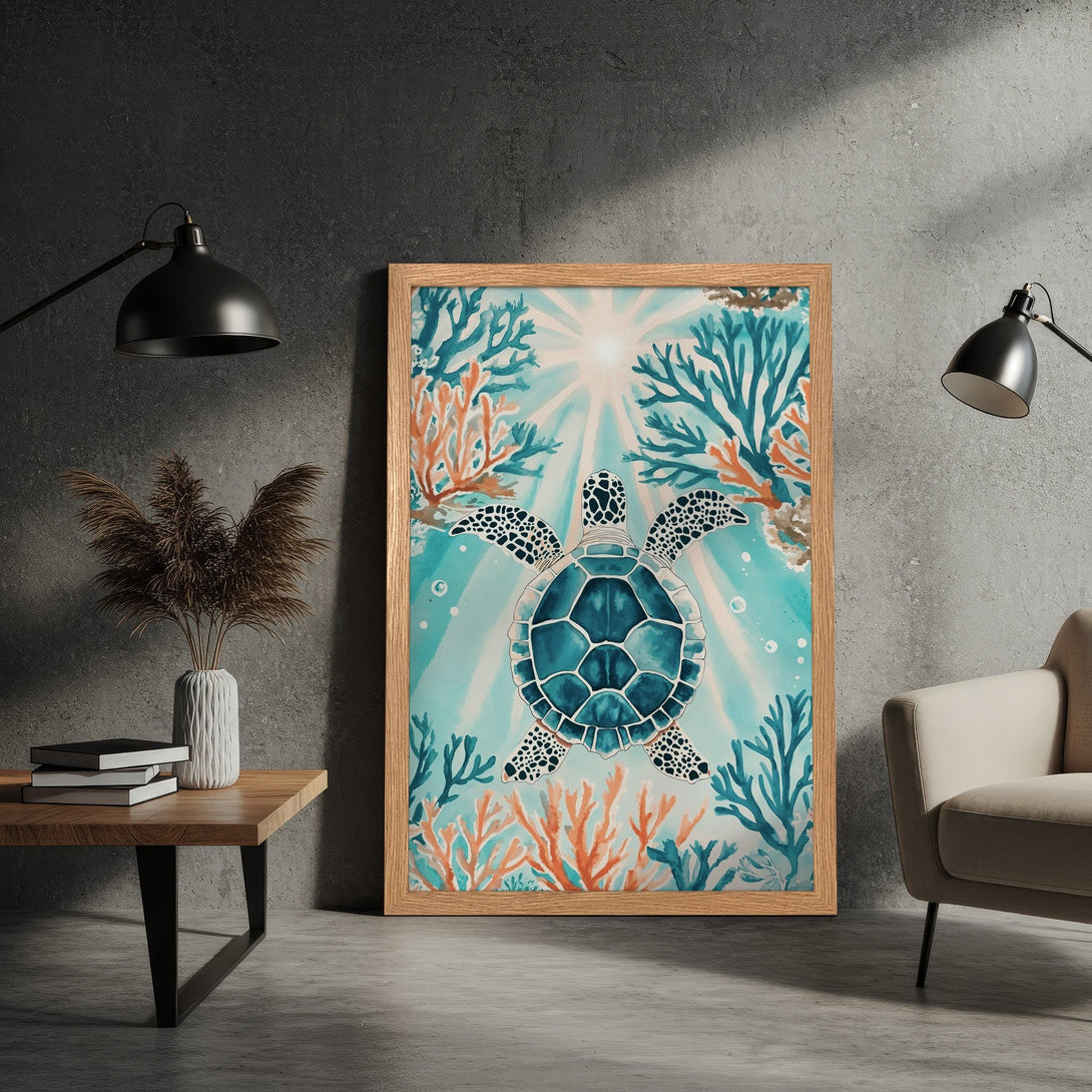 Framed Poster featuring a watercolor sea turtle. Coastal decor with teal, coral, and blue color palette. Perfect ocean-themed wall art.