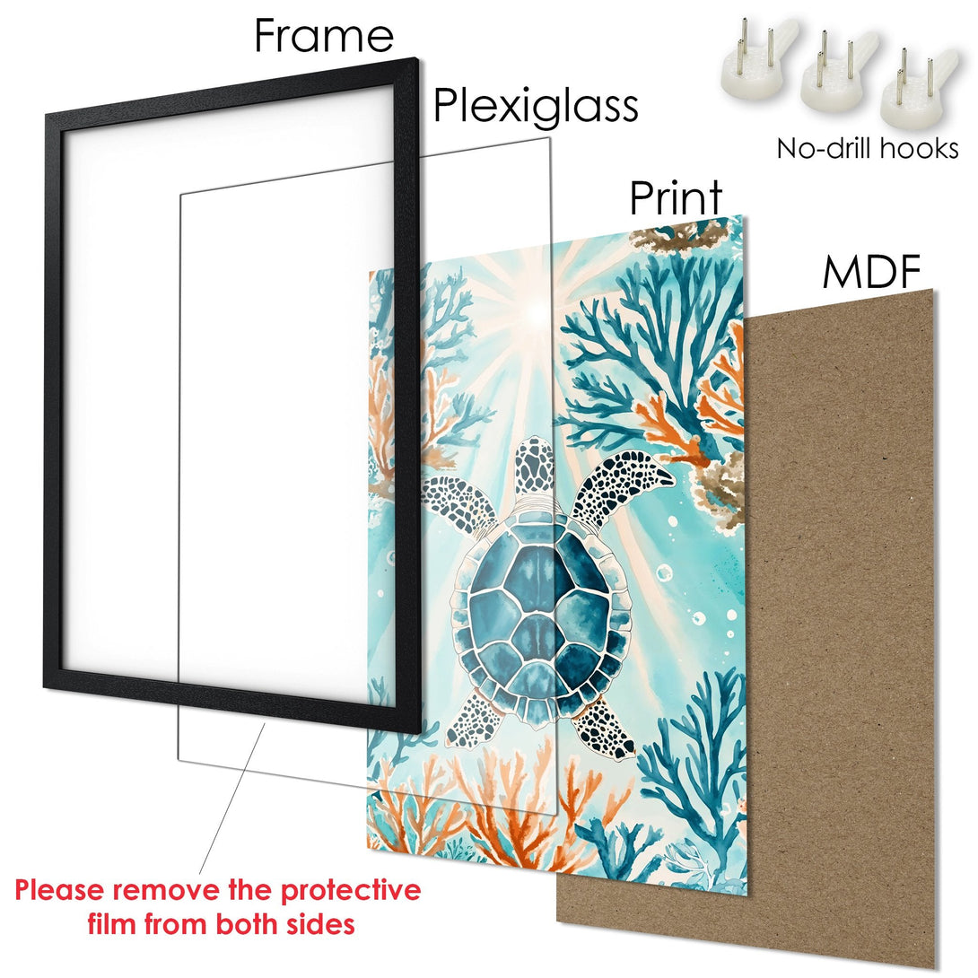 Framed Poster featuring a sea turtle in watercolor style with a blue and orange color palette. Perfect wall art!