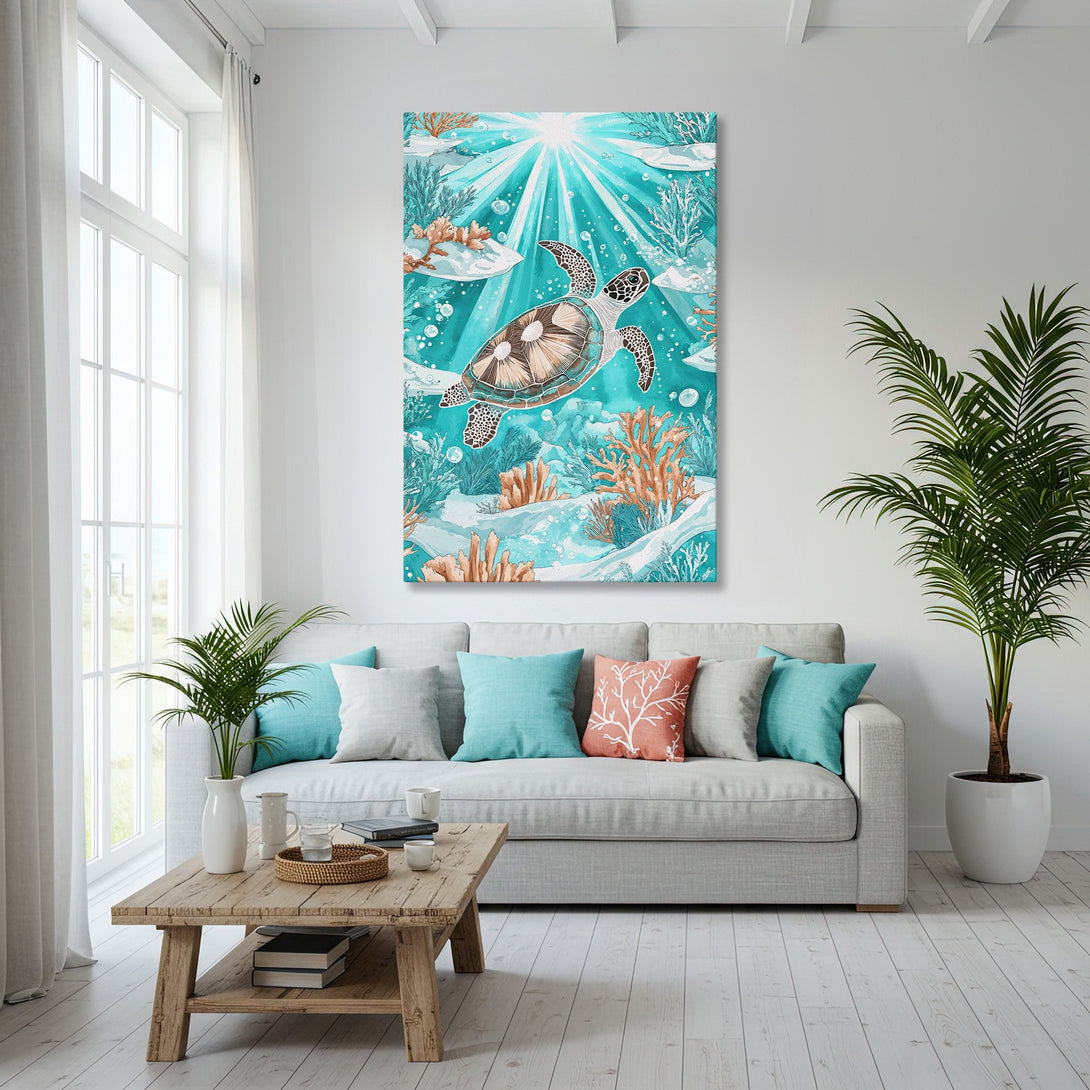 Framed Wall Art featuring a watercolor sea turtle in a coastal interior. Turquoise and coral hues create a serene, beachy vibe.