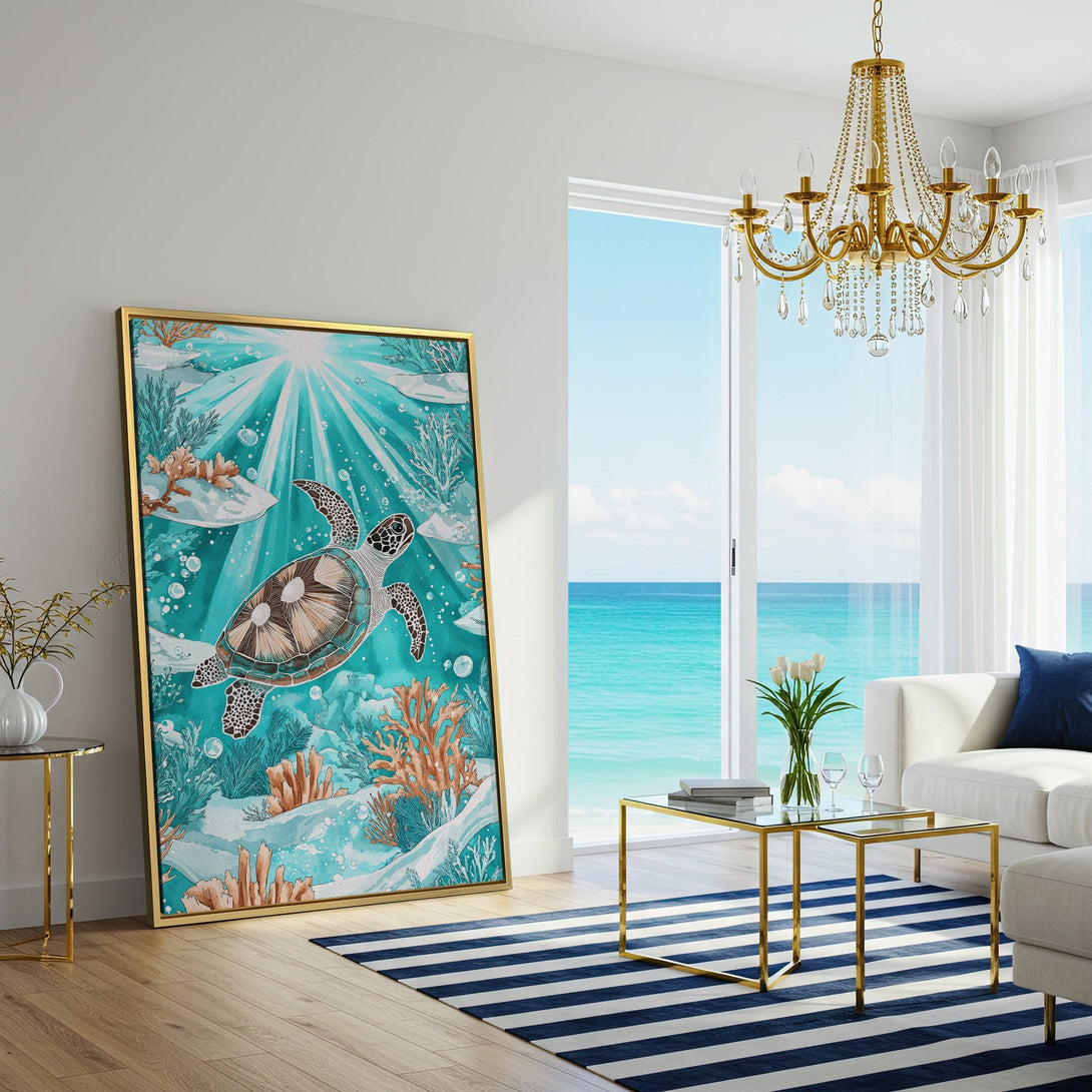 Canvas Print of a sea turtle swimming underwater, vibrant teal and coral tones, perfect coastal wall art for your home.