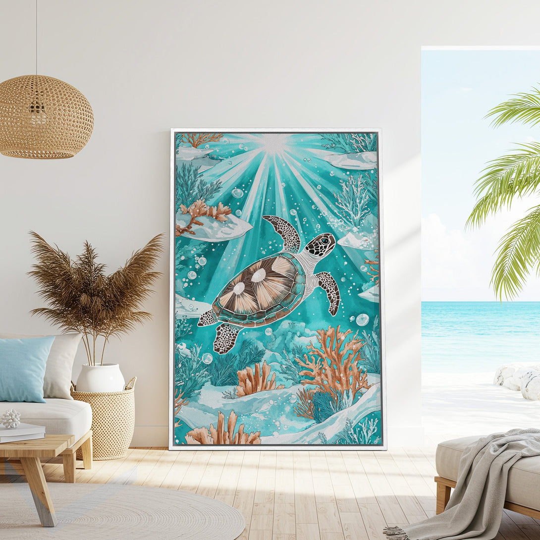 Framed Wall Art: Watercolor sea turtle print in a coastal interior. Turquoise and coral color palette creates a serene, ocean-inspired aesthetic. Perfect for beach house decor.