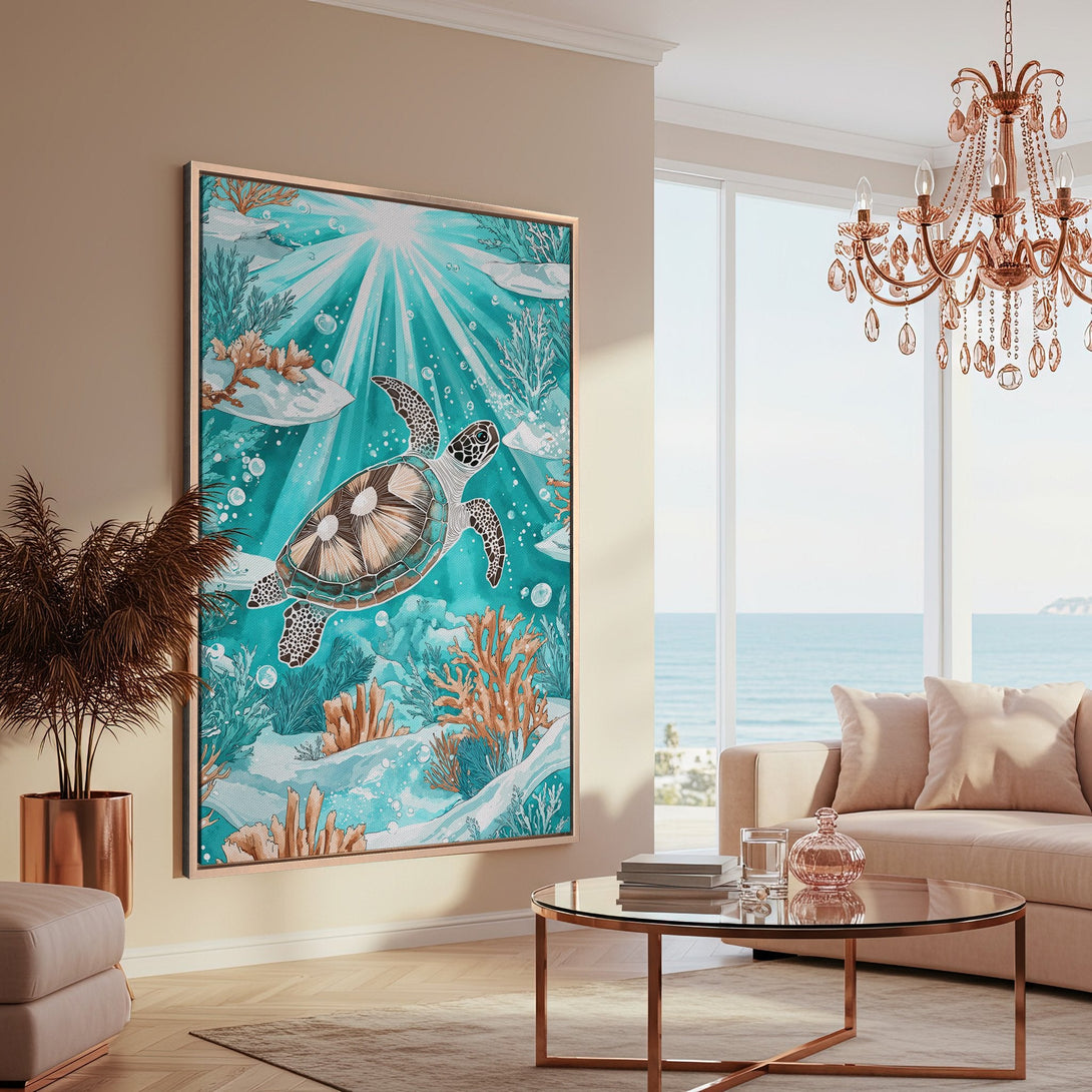 Framed Wall Art featuring a watercolor-style sea turtle, with a teal and coral color palette. Perfect coastal decor for a serene living room.