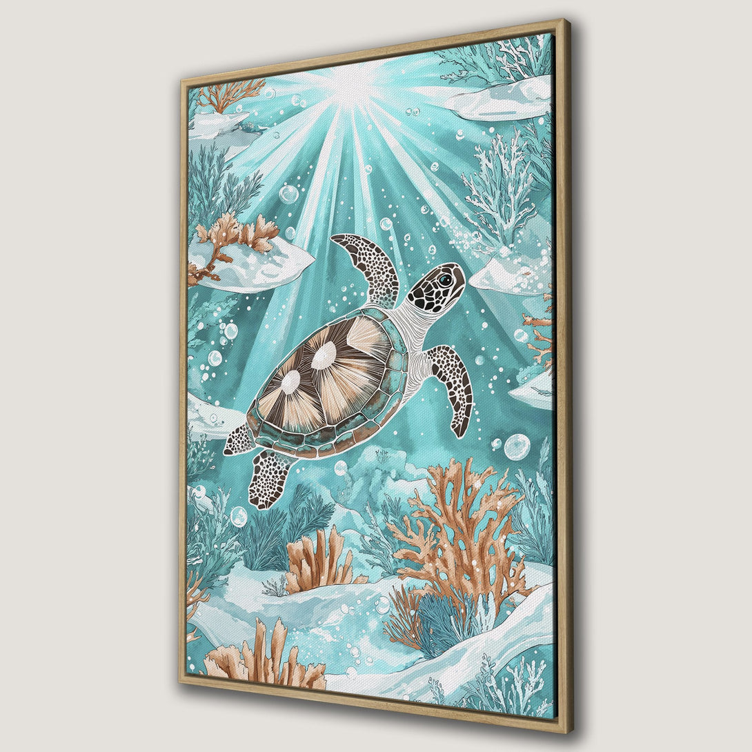 Framed Wall Art: Watercolor sea turtle swimming in turquoise ocean. Coastal decor with blue, brown, and teal color palette. Perfect for beach house or nursery.