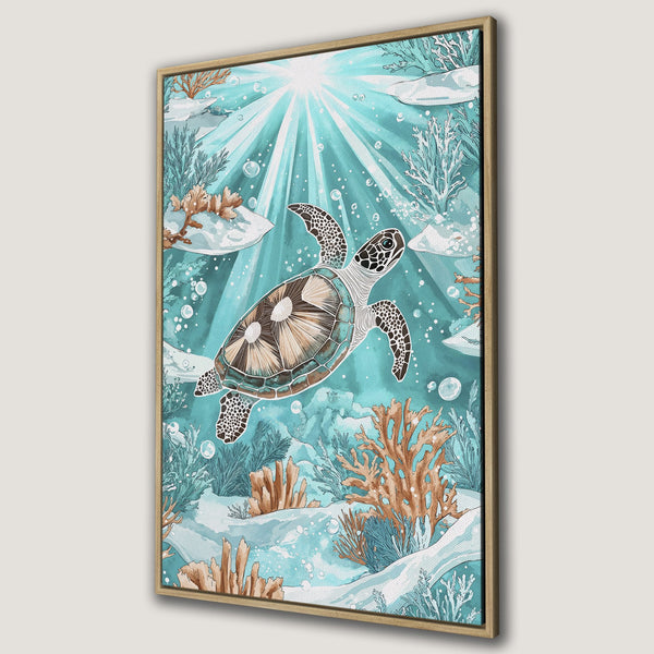 Framed Wall Art: Watercolor sea turtle swimming in turquoise ocean. Coastal decor with blue, brown, and teal color palette. Perfect for beach house or nursery.