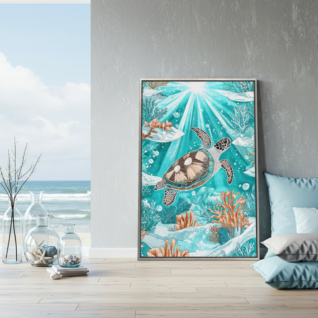 Framed Wall Art: Coastal turtle print in teal & coral. Watercolor style Canvas Print adds a serene touch to any room. Bring the ocean home!