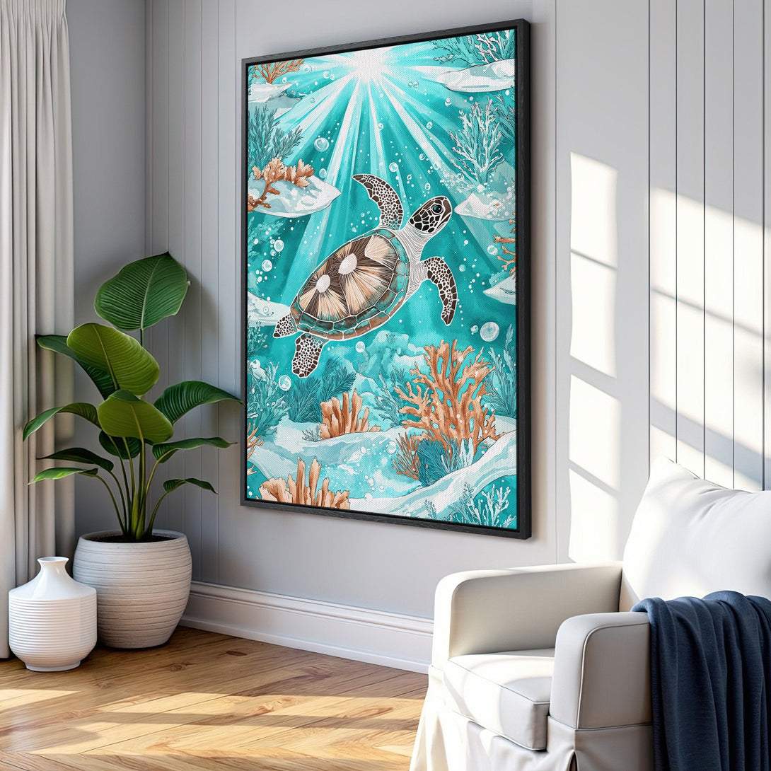 Framed Wall Art: Watercolor sea turtle print in a coastal interior. Features a vibrant teal and coral color palette, perfect for beach house decor.