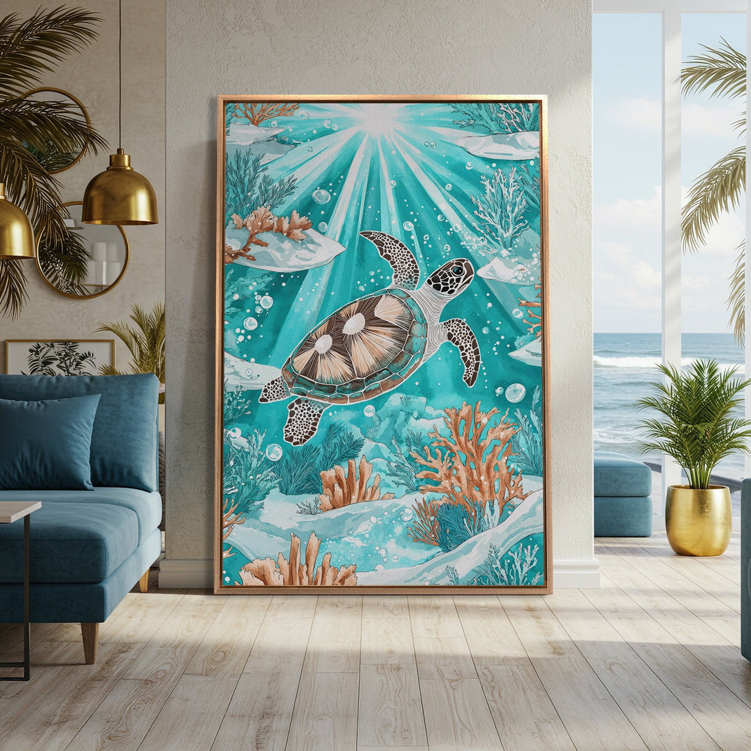 Framed Wall Art featuring a vibrant sea turtle in turquoise waters. Coastal style Canvas Print with coral and bubbles, perfect for a serene home.