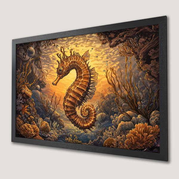 Framed Poster featuring a detailed seahorse in an underwater scene with warm orange and brown tones. Perfect wall art!