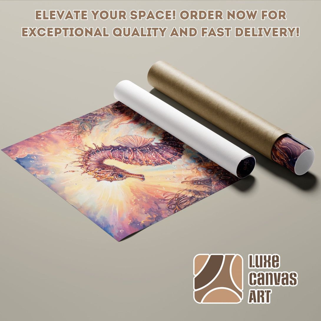 Seahorse Poster Roll, vibrant art print in warm, dreamy colors. Elevate your space with this unique artwork!