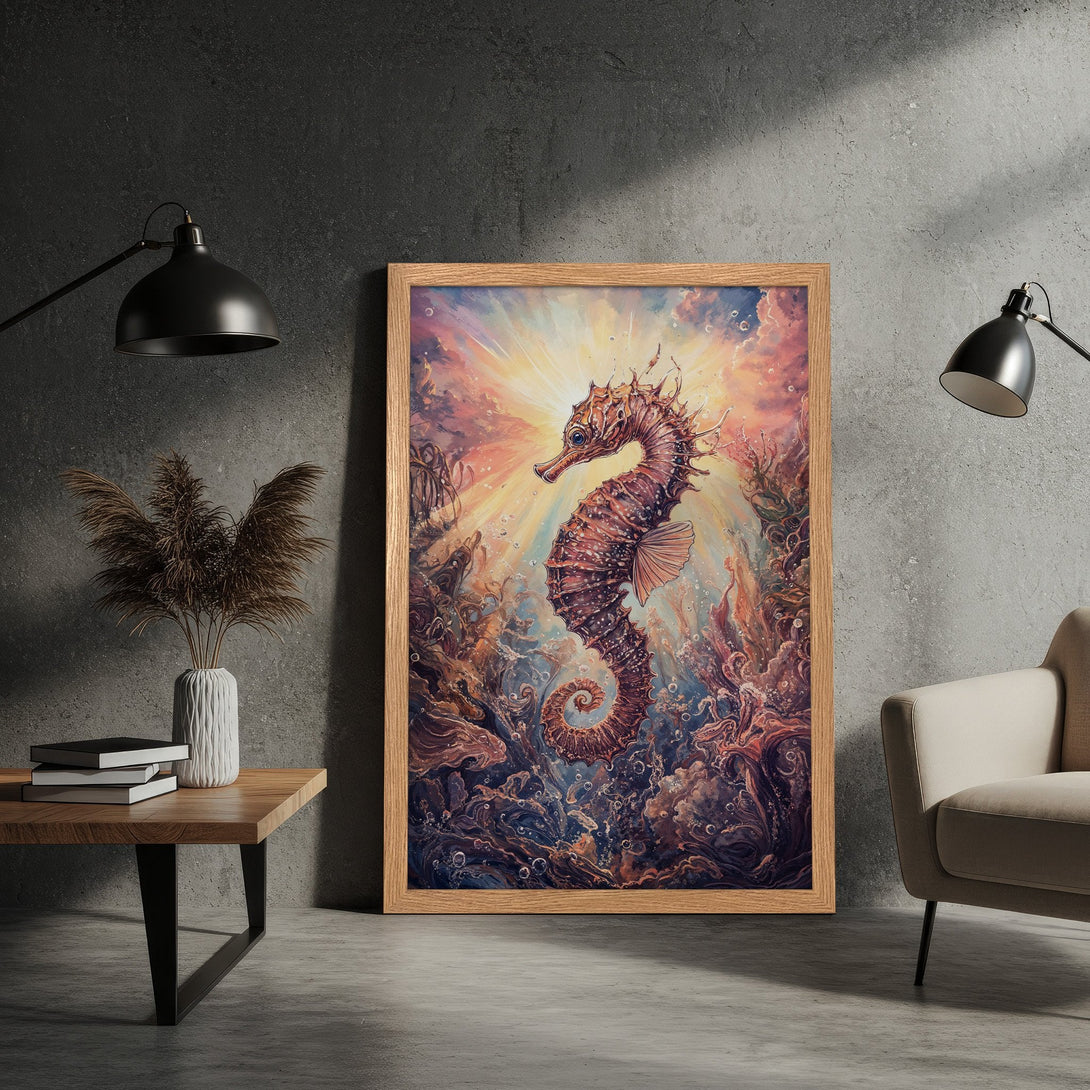 Framed Poster featuring a vibrant seahorse illustration in a fantasy style with a warm, colorful palette. Perfect wall art!