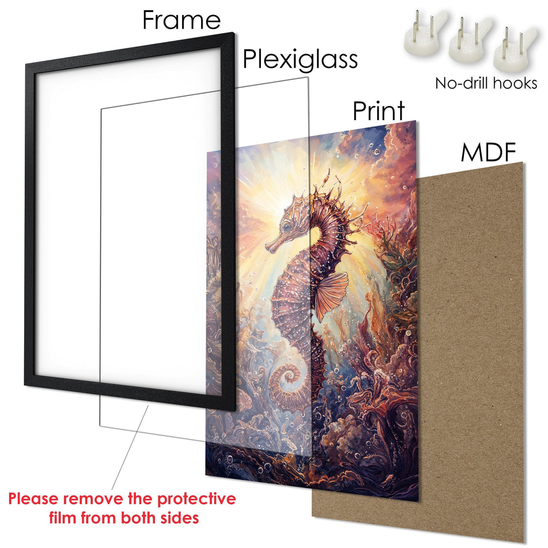 Framed Poster featuring a seahorse in an artistic style with a warm, vibrant color palette. Perfect wall art!