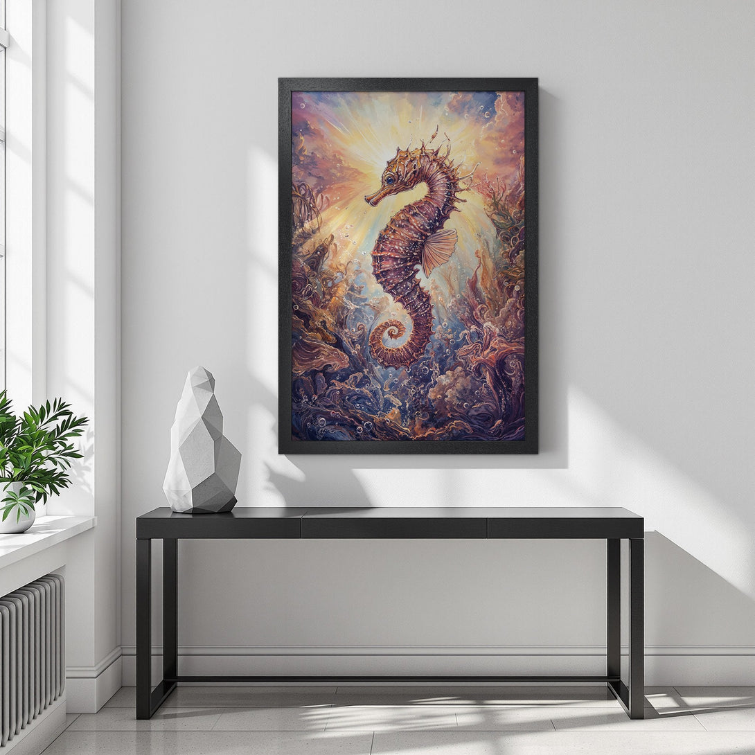 Framed Poster featuring a stunning seahorse illustration in a warm, vibrant color palette. Perfect art for any space!