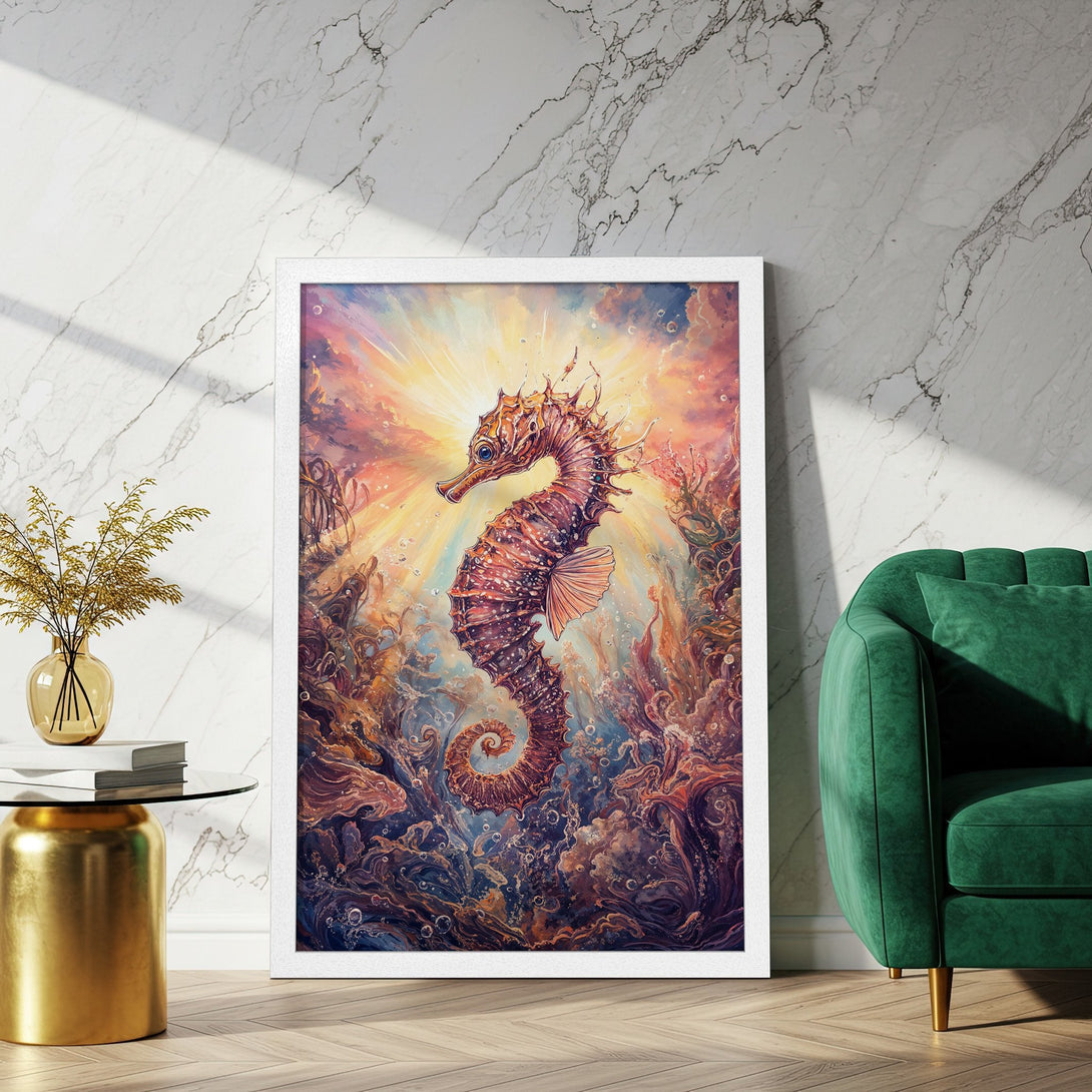 Framed Poster featuring a vibrant seahorse illustration in watercolor style with a warm color palette. Add art to your home!