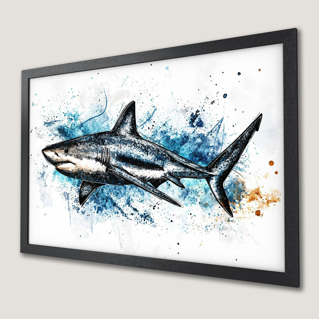 Framed Poster featuring a watercolor shark. Stunning blue and white artwork perfect for coastal decor. Get yours today!