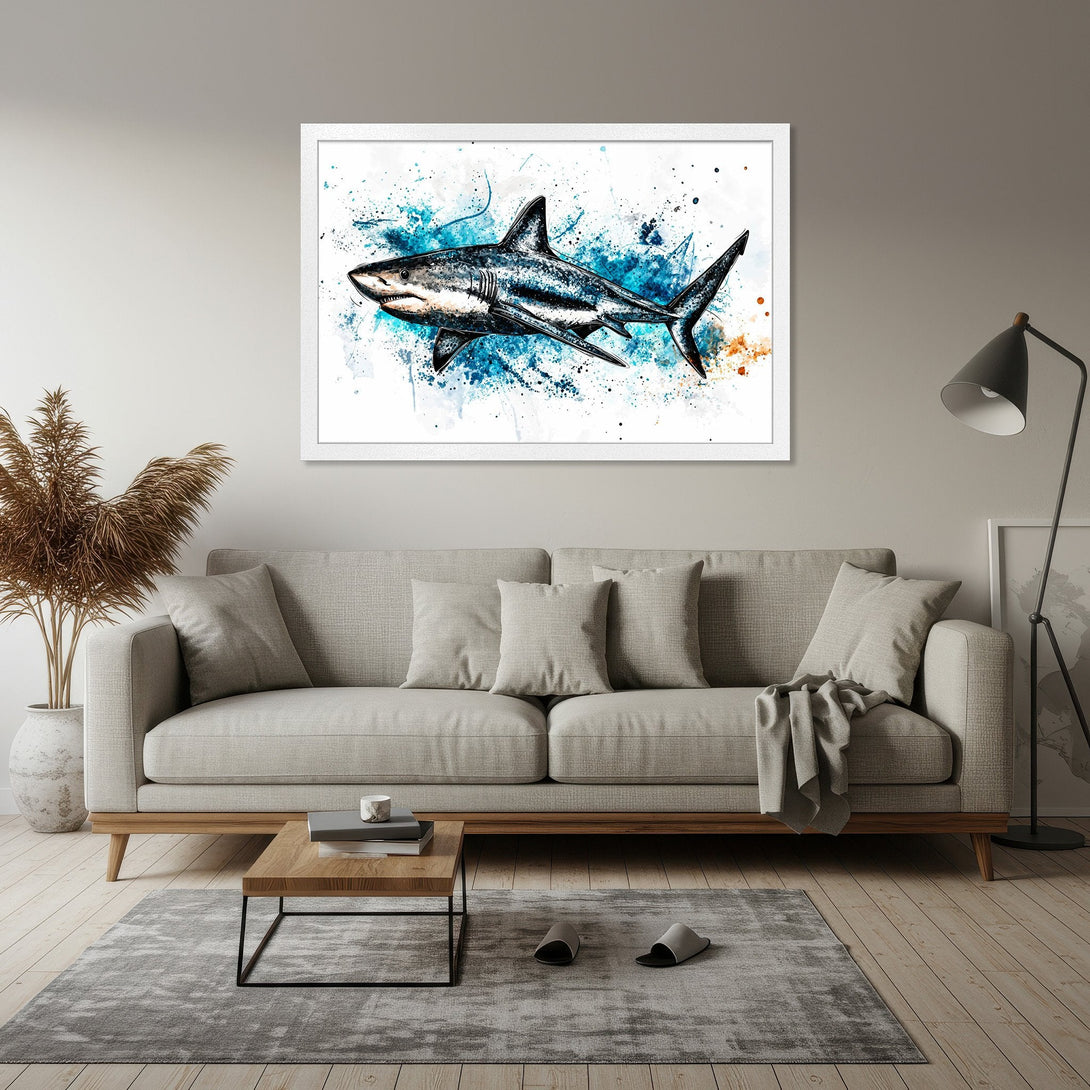 Framed Poster featuring a watercolor shark art print. Modern style, blue, white, and orange color palette. Perfect for home decor.
