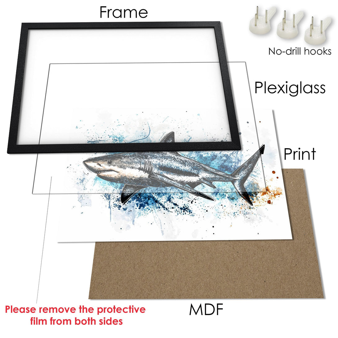 Framed Poster featuring a watercolor shark in blue and gray tones. Stylish wall art for your home!
