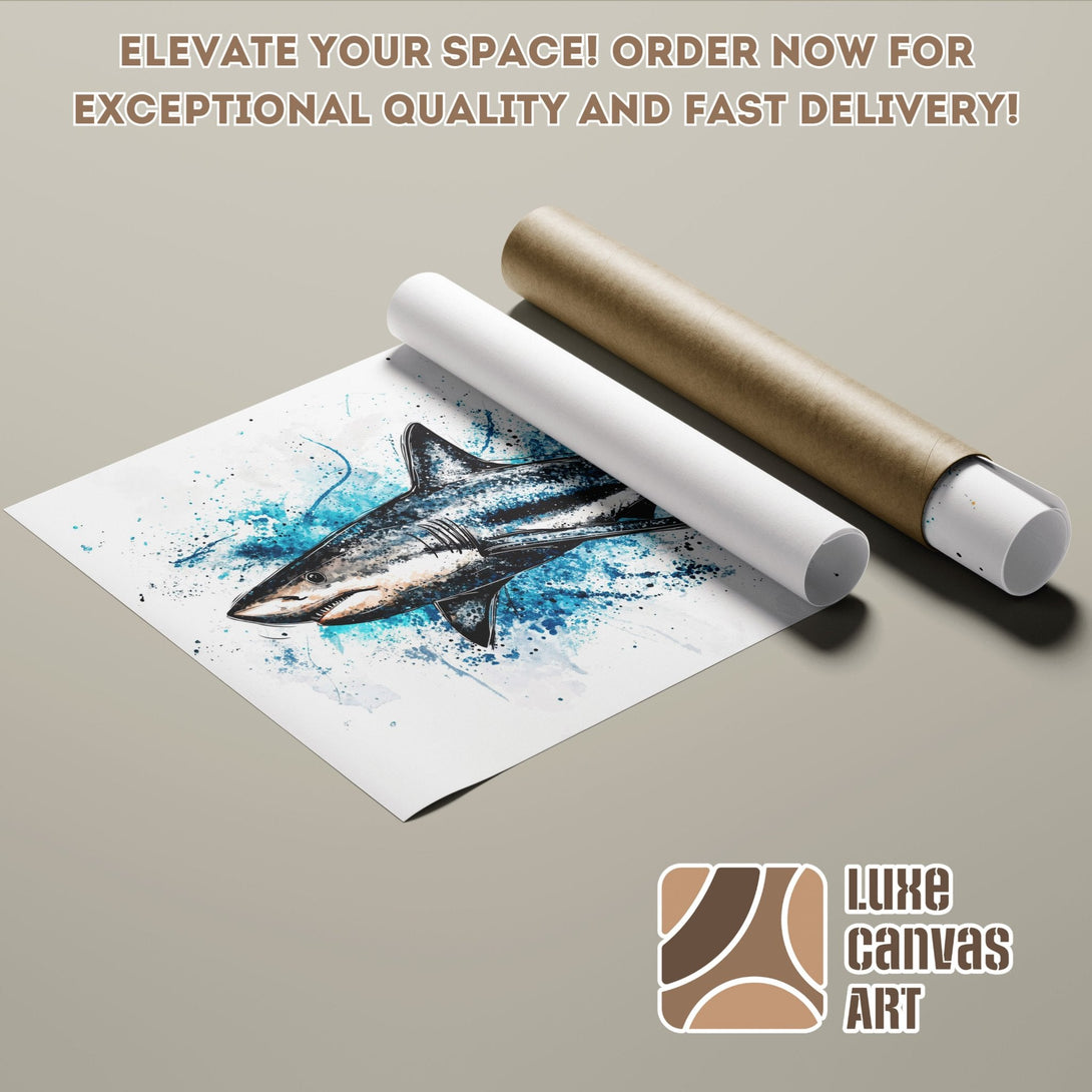 Shark Poster Roll, watercolor style, blue and neutral color palette. Elevate your space with Luxe Canvas Art!