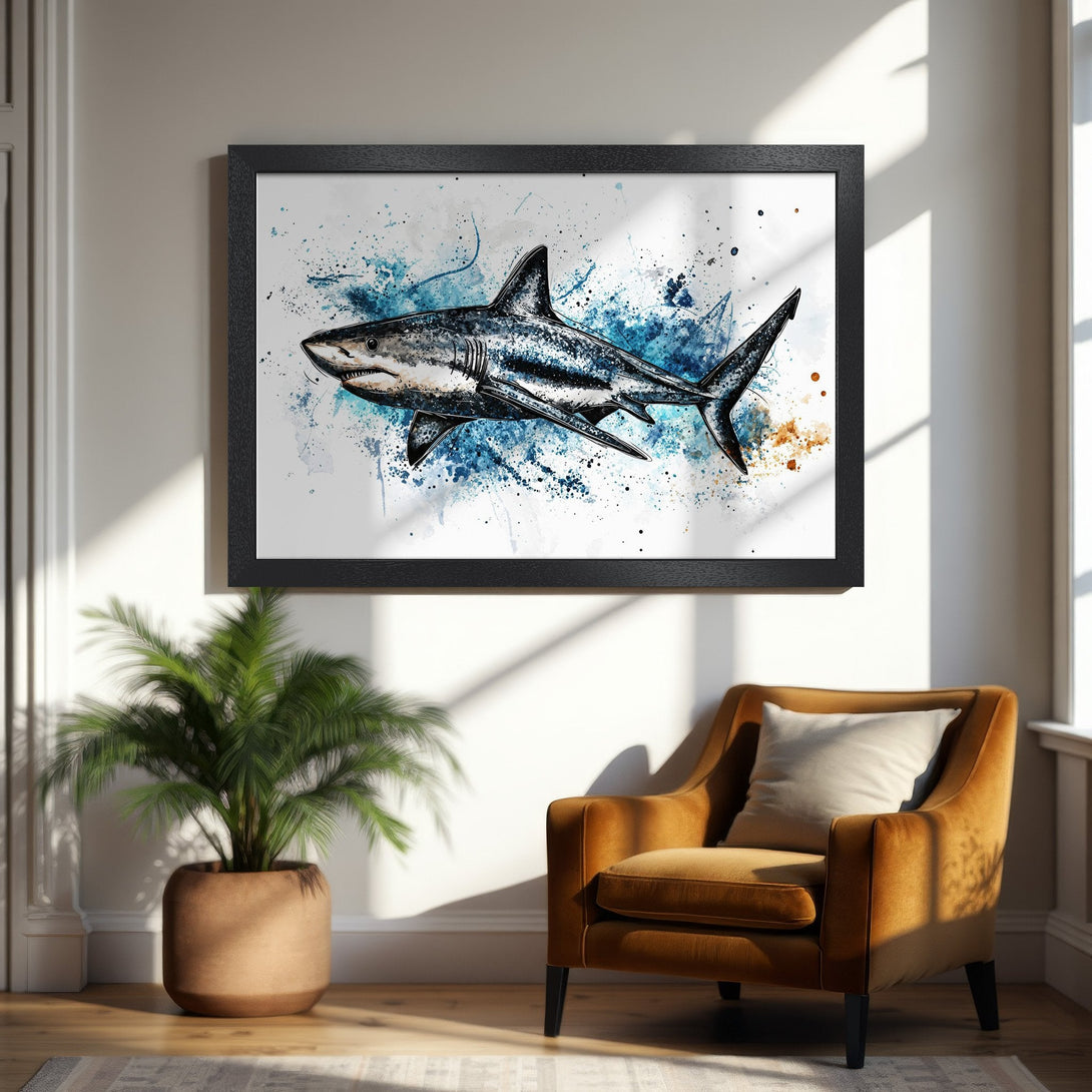 Framed Poster featuring a watercolor shark illustration. Stylish art with blue, white, and black color palette. Perfect for coastal decor.