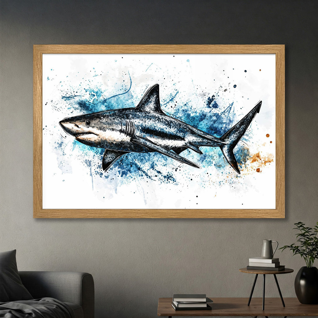 Framed Poster featuring a watercolor shark illustration with blue and white accents. Perfect ocean-themed wall art for your home.