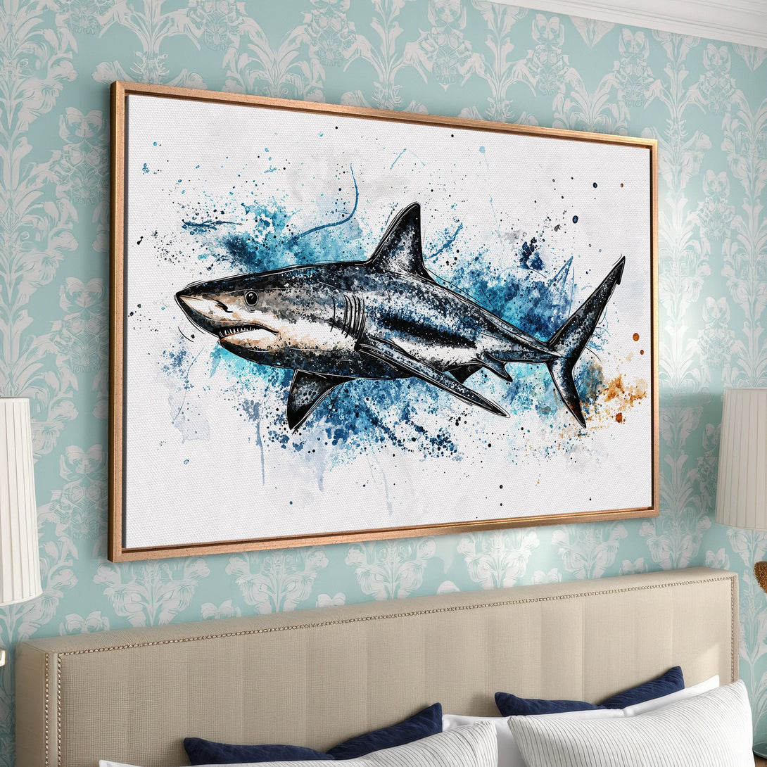 Framed Wall Art: Watercolor shark print in blue and gray hues. Stylish canvas art for coastal decor. Enhance your space with this unique artwork!