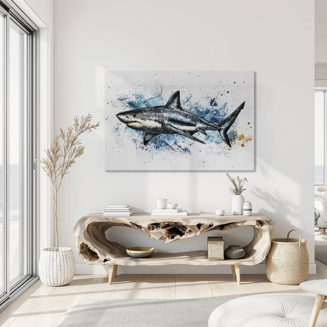 Framed Wall Art: Watercolor shark print in blue and gray tones. Coastal decor with a modern, artistic style. Perfect for a beach house or ocean-themed room.