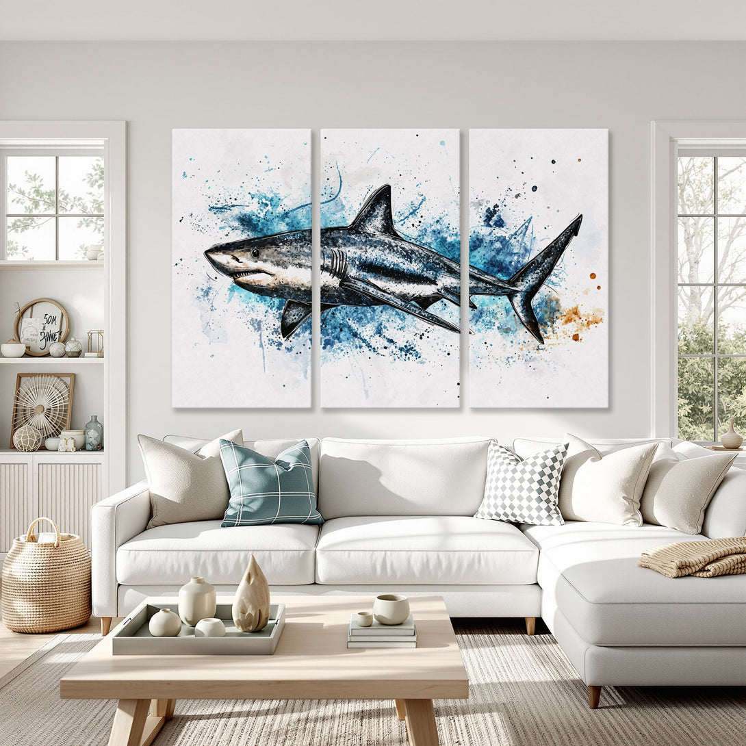 Canvas Print: Watercolor shark art in blue, gray, and white. Coastal-inspired wall decor for living room. Modern art style.