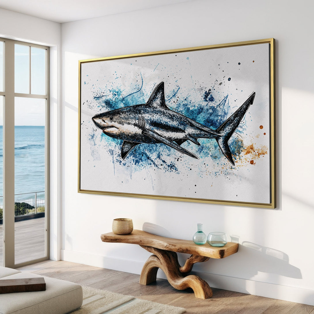 Canvas Print: Stunning shark art in watercolor style, blue and gray tones. Perfect coastal decor for a modern living room.