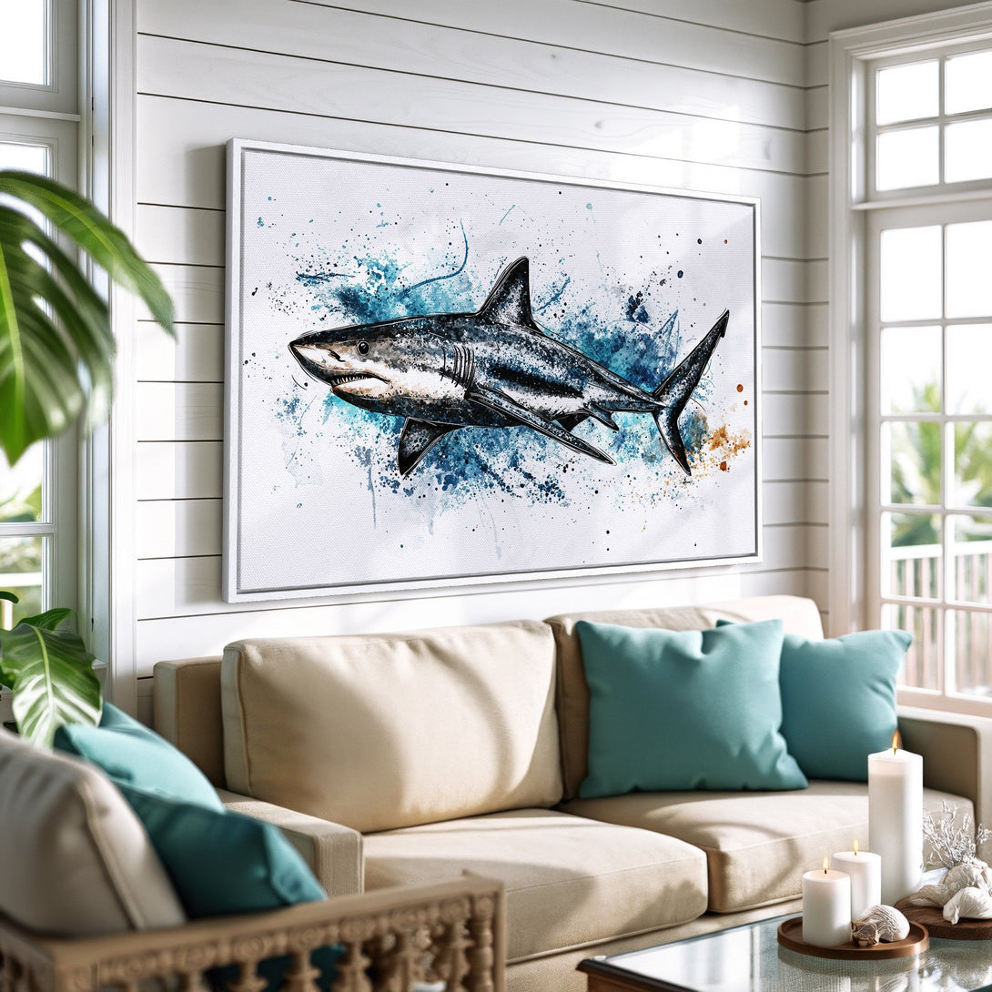 Framed Wall Art: Watercolor shark canvas print in blue and gray, perfect for coastal decor. Modern art for living room or bedroom.