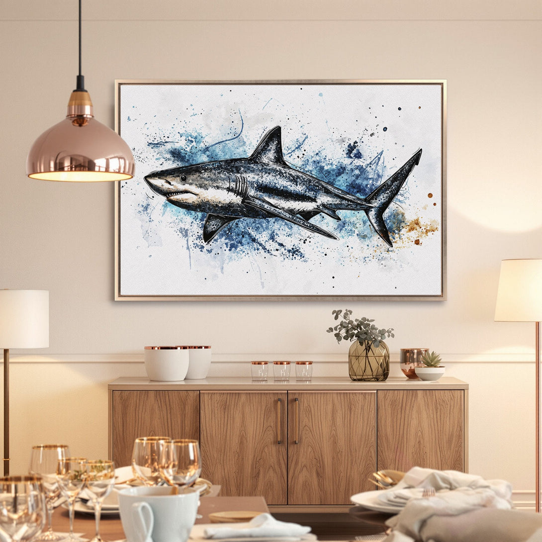 Framed Wall Art featuring a striking shark illustration in watercolor style with blue and gray tones, perfect for coastal decor.