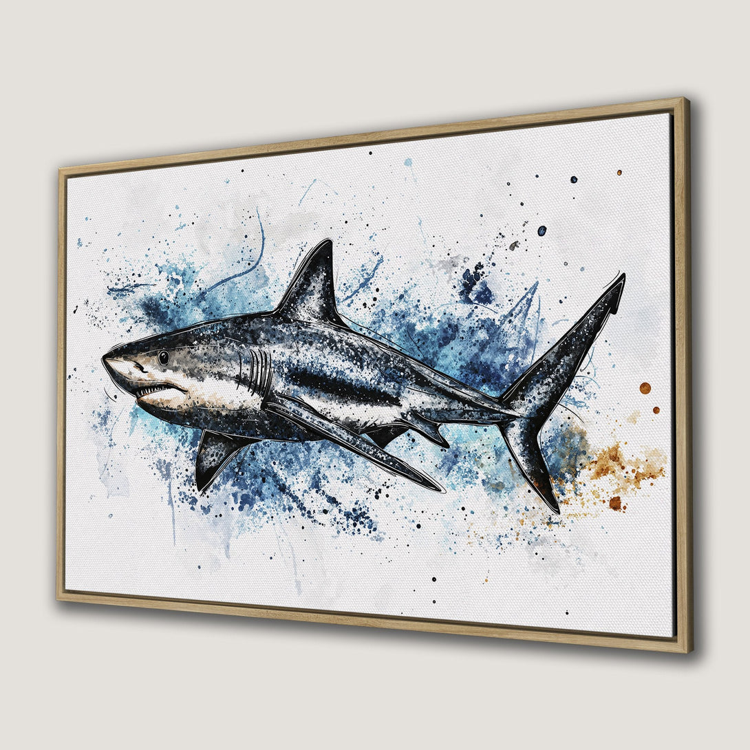 Framed Wall Art: Watercolor shark print in blue and neutral tones. Coastal decor for your home. Canvas print ready to hang.