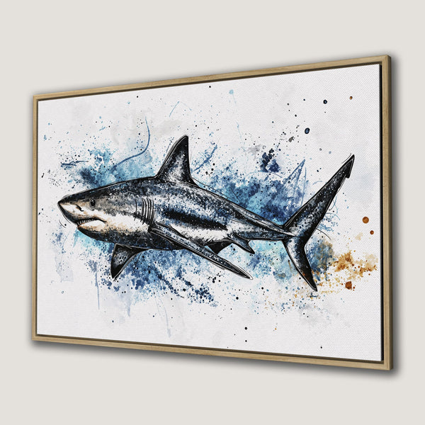 Framed Wall Art: Watercolor shark print in blue and neutral tones. Coastal decor for your home. Canvas print ready to hang.