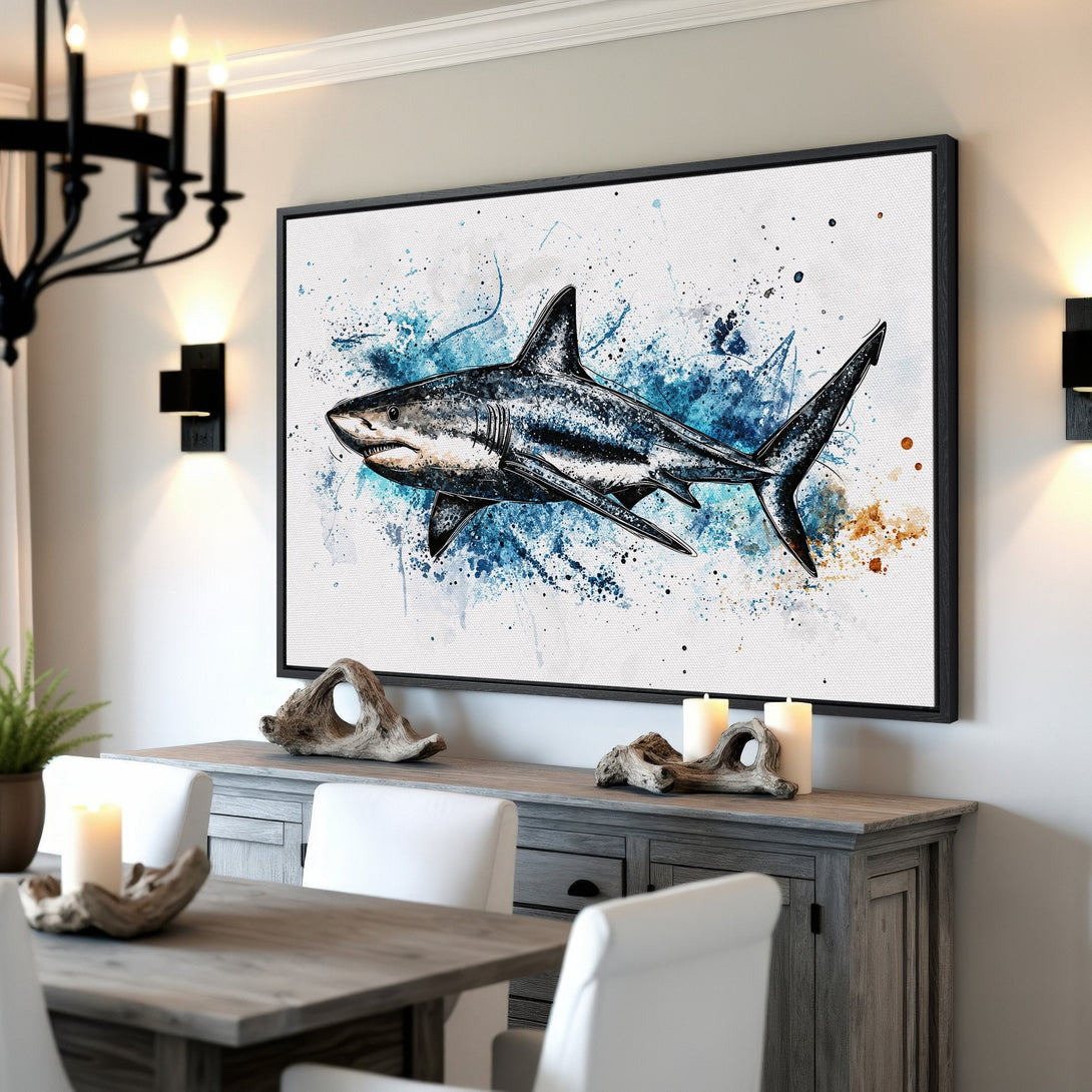 Framed Wall Art: Watercolor shark print in blue and gray hues. Modern coastal decor for your home. Canvas Print ready to hang!