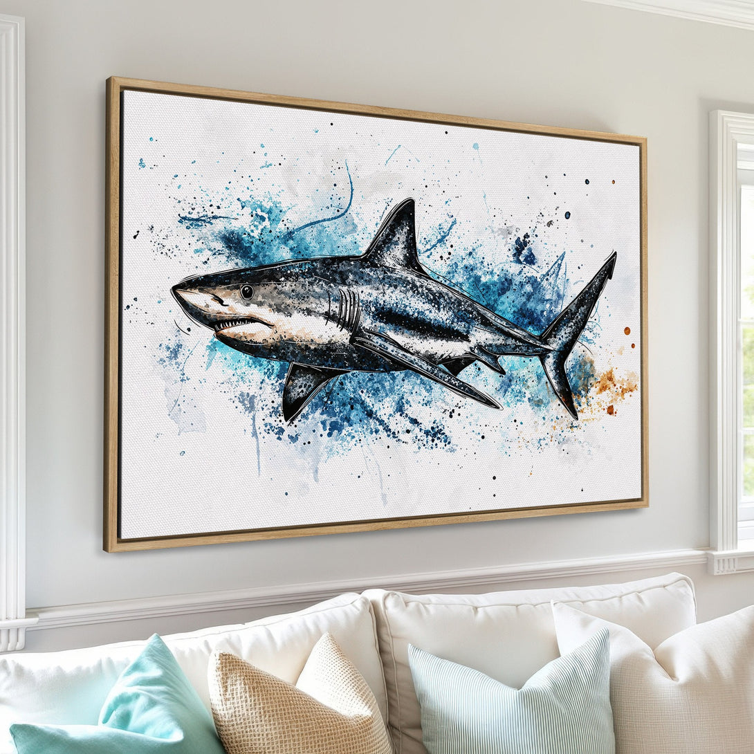 Framed Wall Art: Watercolor shark art in blue and gray tones. Modern canvas print adds coastal style to any room. Shop now!