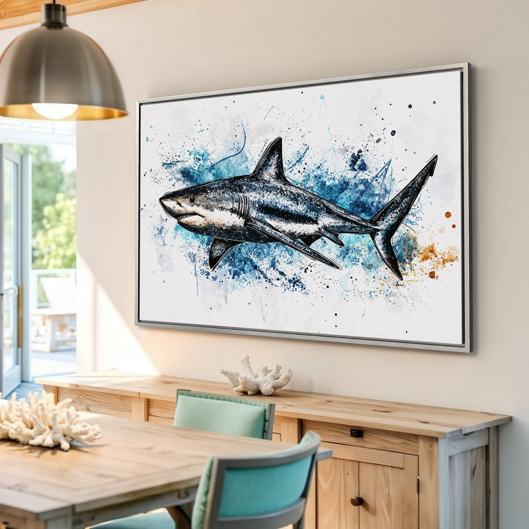 Framed Wall Art: Watercolor shark canvas print in blue and white. Coastal decor for your home. Modern art for ocean lovers.