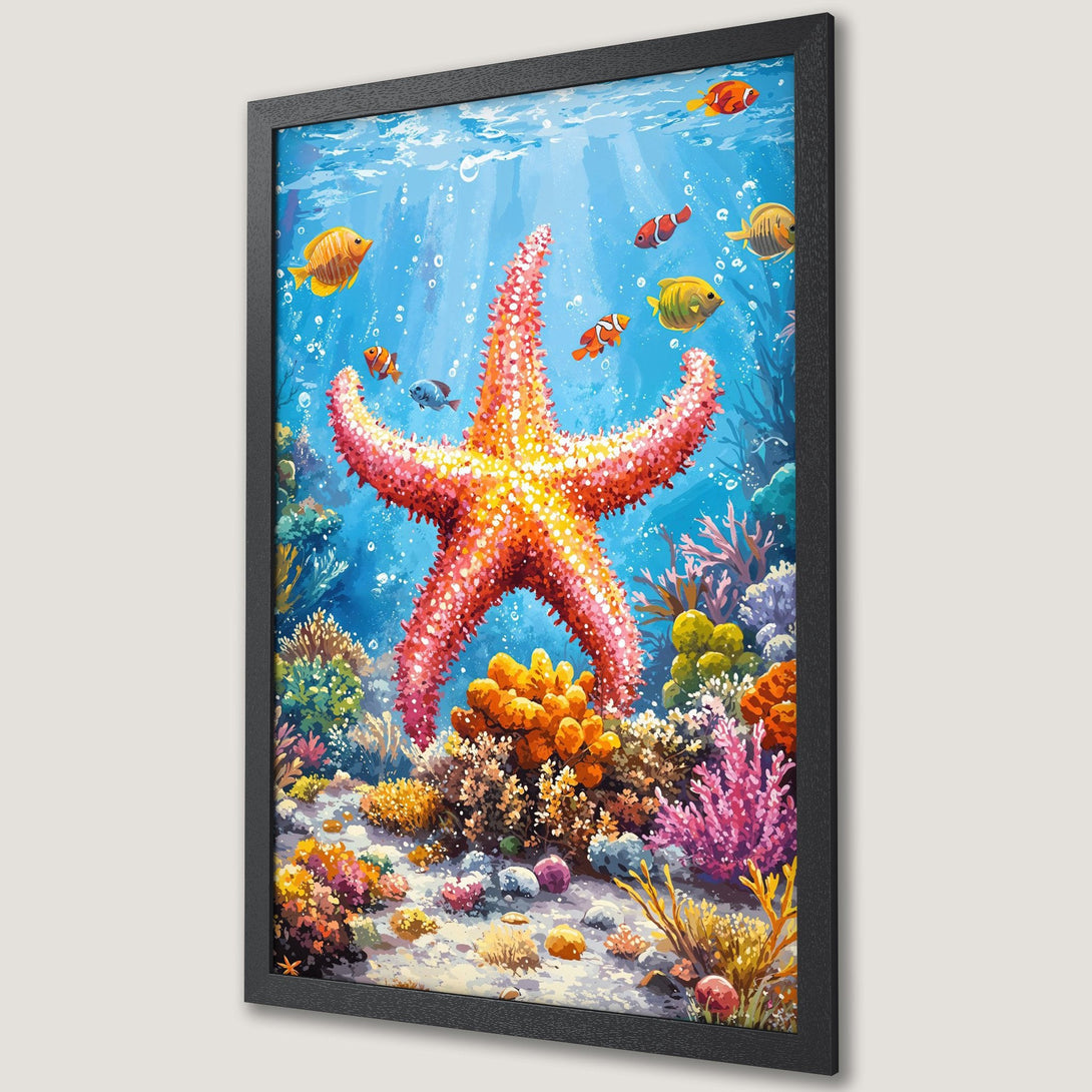Framed Poster featuring a vibrant underwater scene with a starfish, fish, and coral reef. Watercolor style, blue and orange color palette.