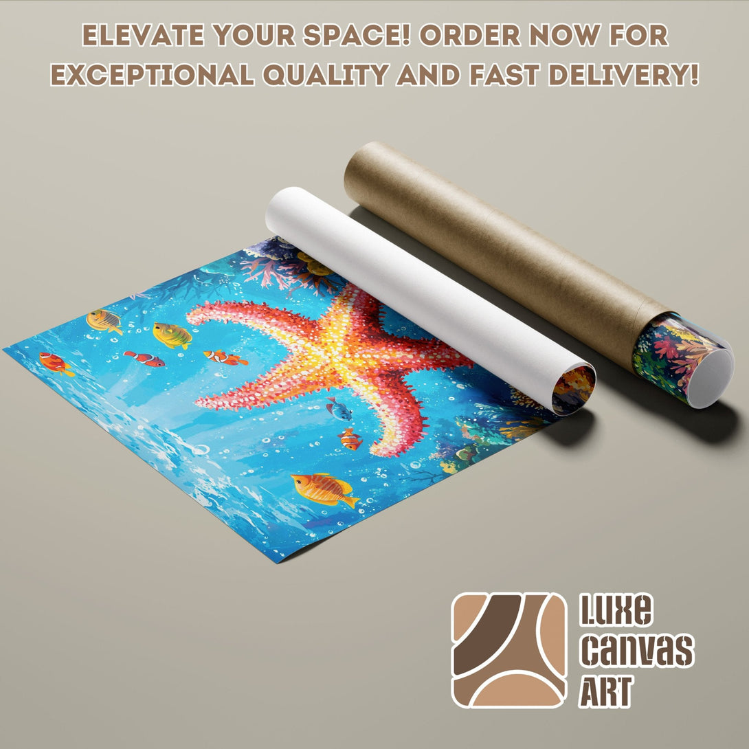 Poster Roll featuring vibrant underwater art with starfish and fish, blue and orange palette.