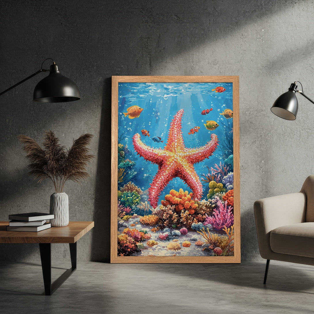 Framed Poster featuring an underwater scene with starfish and fish, vibrant colors. Whimsical art style, with a blue, coral, and orange palette.